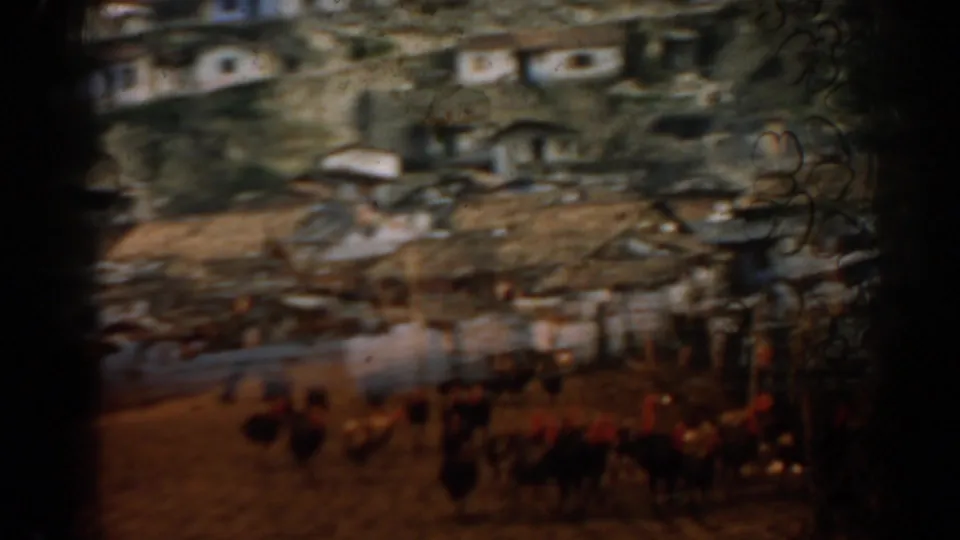 1962 Izmir home-movie frame showing a distant flock of poultry below hillside buildings, with soft focus and warm faded color.