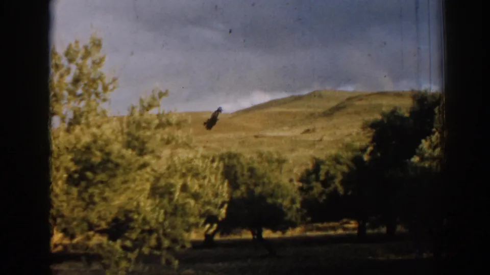 1962 8mm countryside frame near Izmir with rolling hills, foreground trees, sky, and visible film wear.