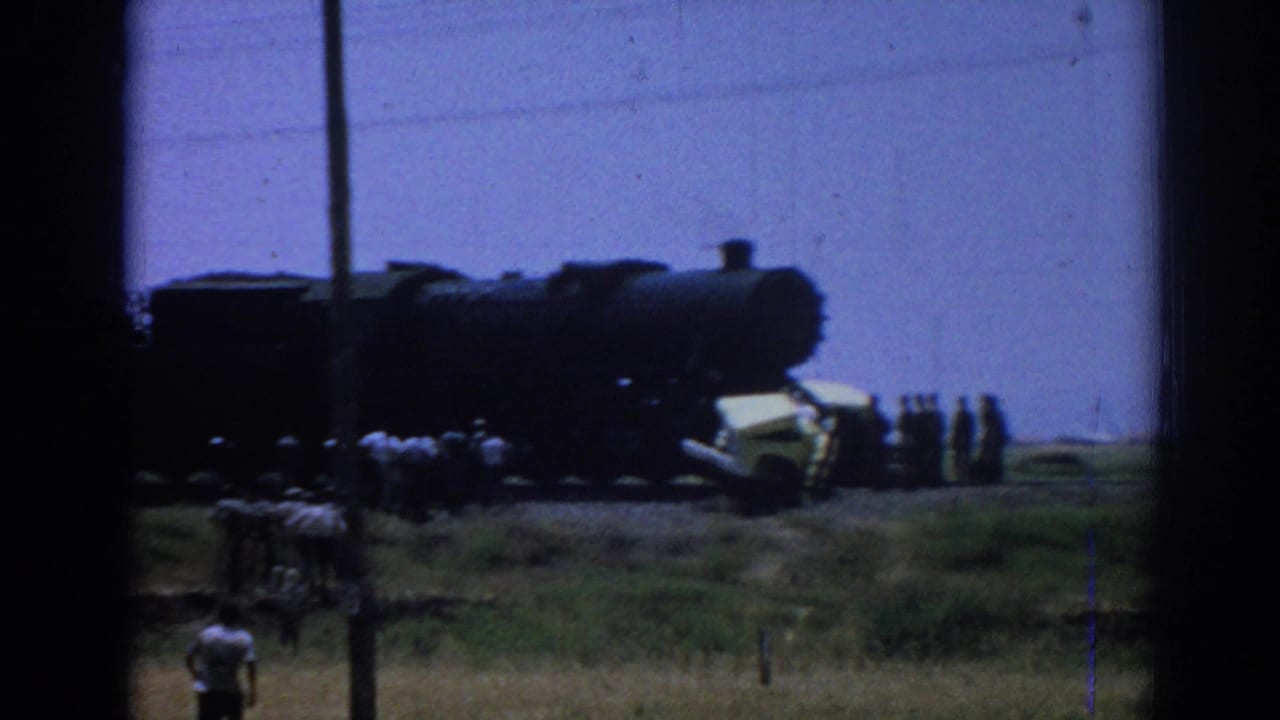 Dark steam locomotive stopped beside a grassy embankment with a crowd gathered nearby.