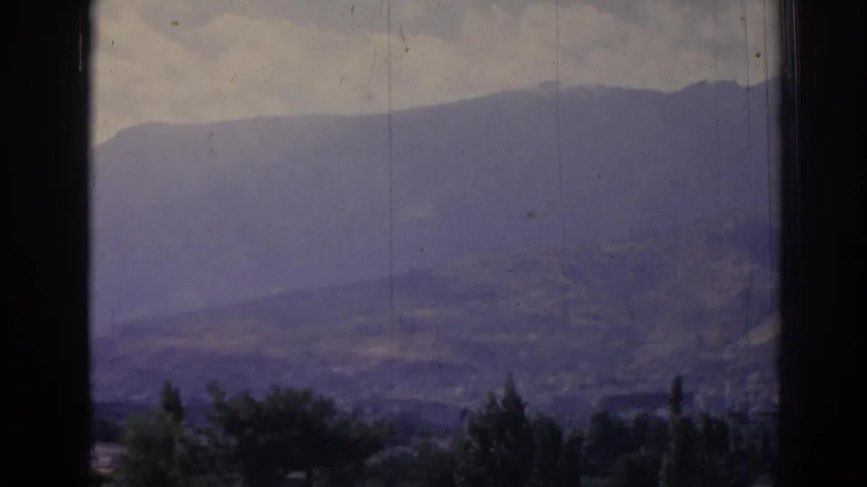 Soft 8mm frame of Izmir's mountain valley in 1962, with dark foreground trees and layered hills under cloud.