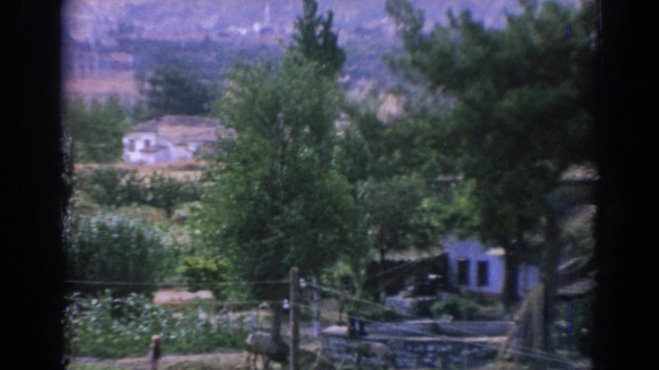 Trees and low white structures seen through a window, with hills in the background.