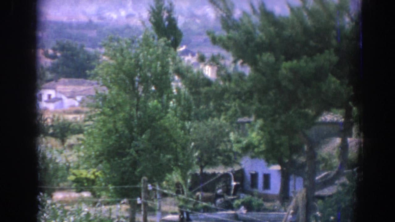Trees partly obscure a white house with distant hills beyond.
