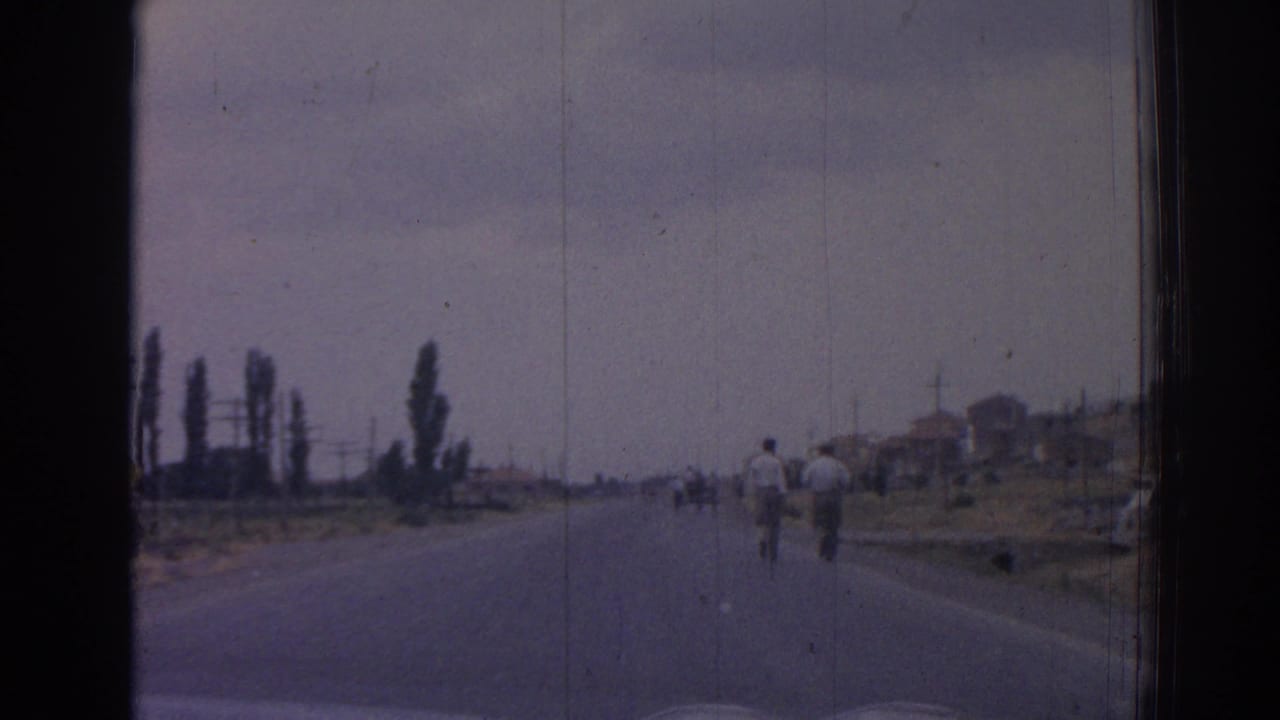 Two men walk away along a paved road with trees and low buildings in the distance.