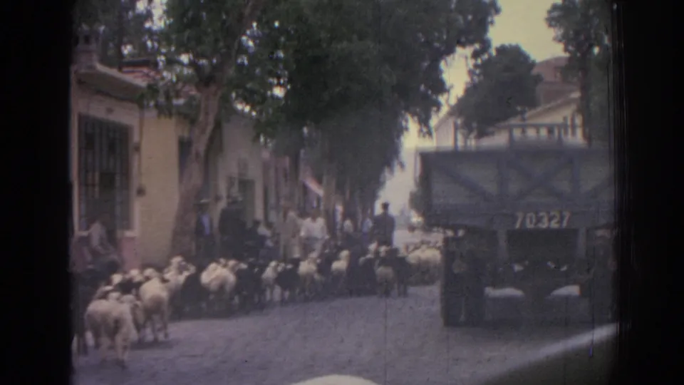 1962 Izmir street scene with sheep herded past pedestrians and low buildings beside a military-style truck marked 70327.