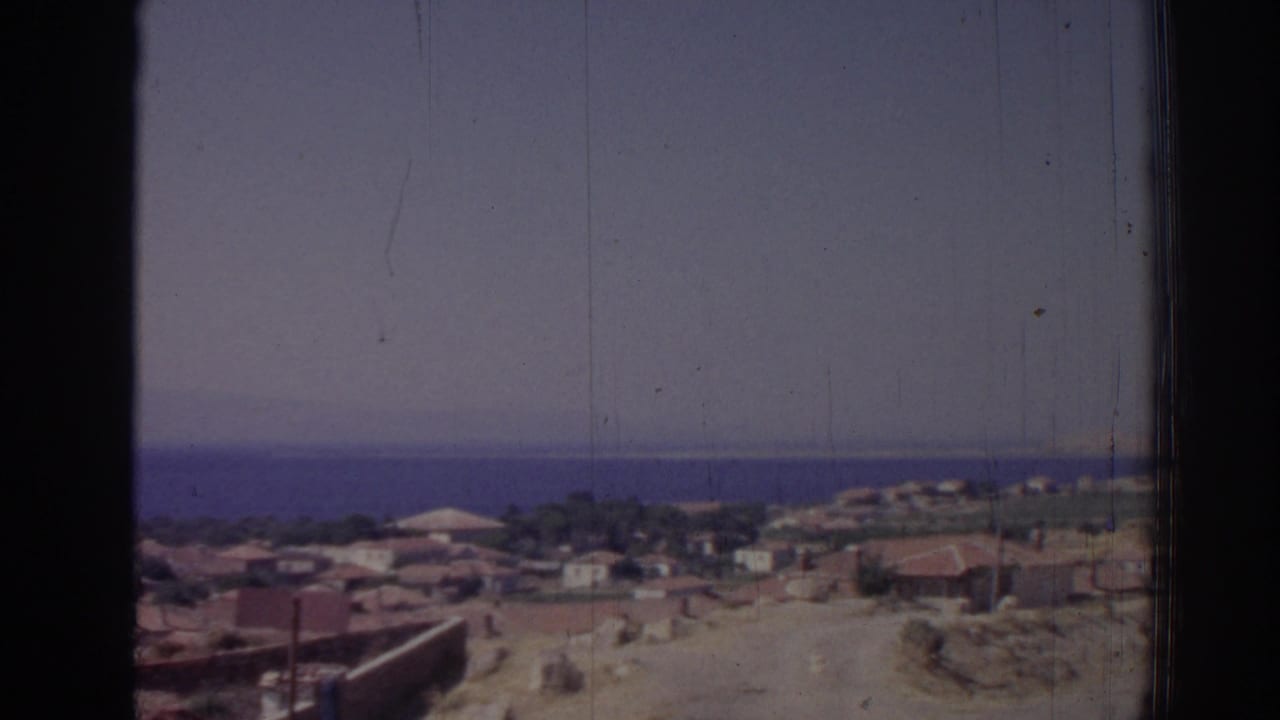 Coastal settlement seen from above, with a road, clustered buildings, and sea horizon.