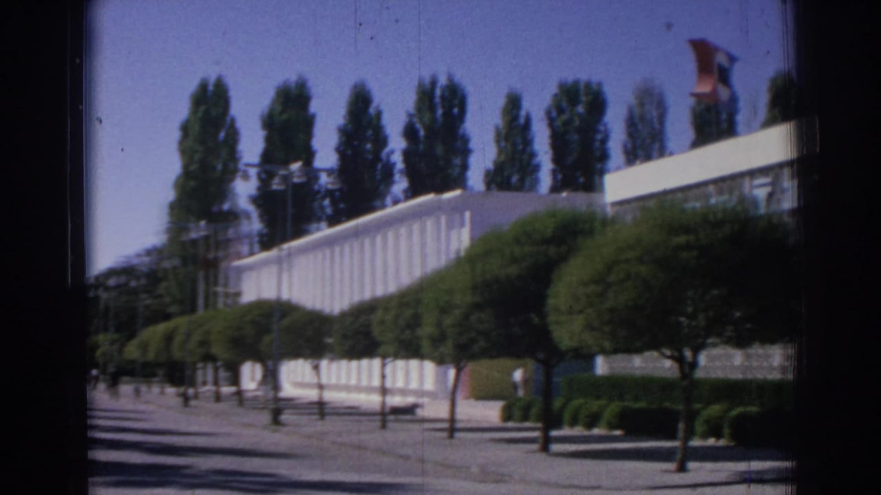Modern civic buildings behind a row of trimmed trees and shrubs.