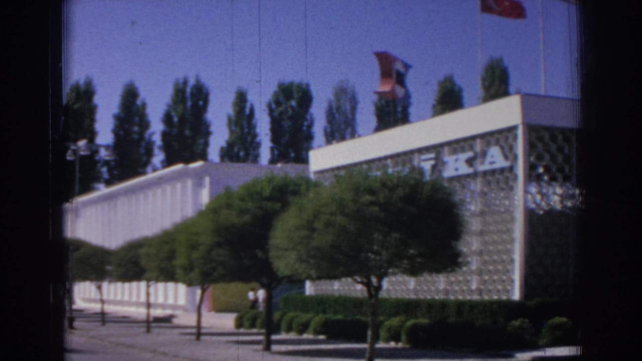 Patterned glass facade with partial lettering, trees, shrubs, and flags.