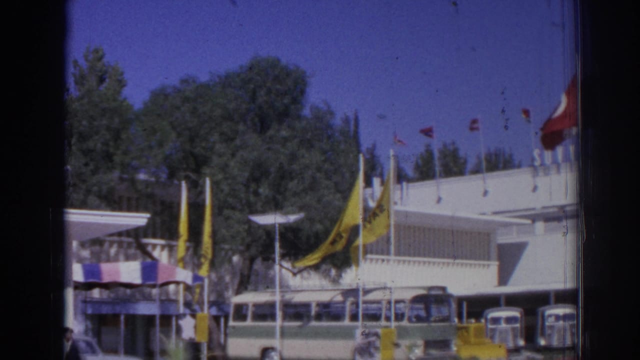 White terminal building with flags, parked buses, trees, and blue sky.