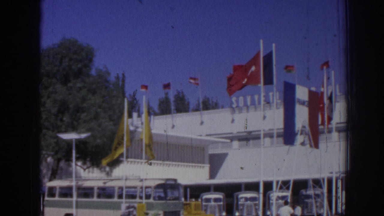 Terminal facade with Turkish flag, other flags, trees, and buses parked below.