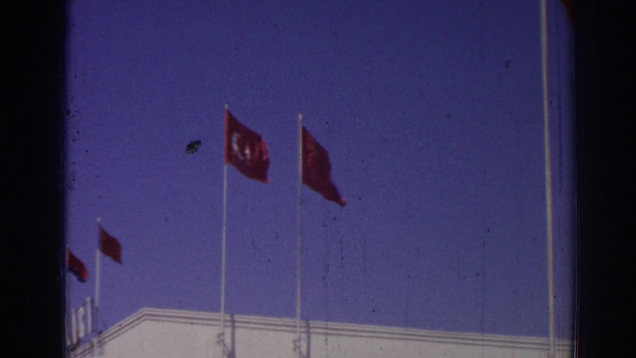 Turkish flags on tall poles above a white rooftop against a blue sky.