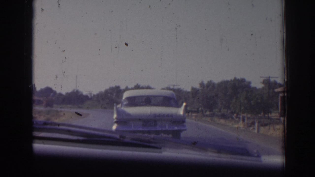White sedan continuing along a road with trees and roadside buildings.