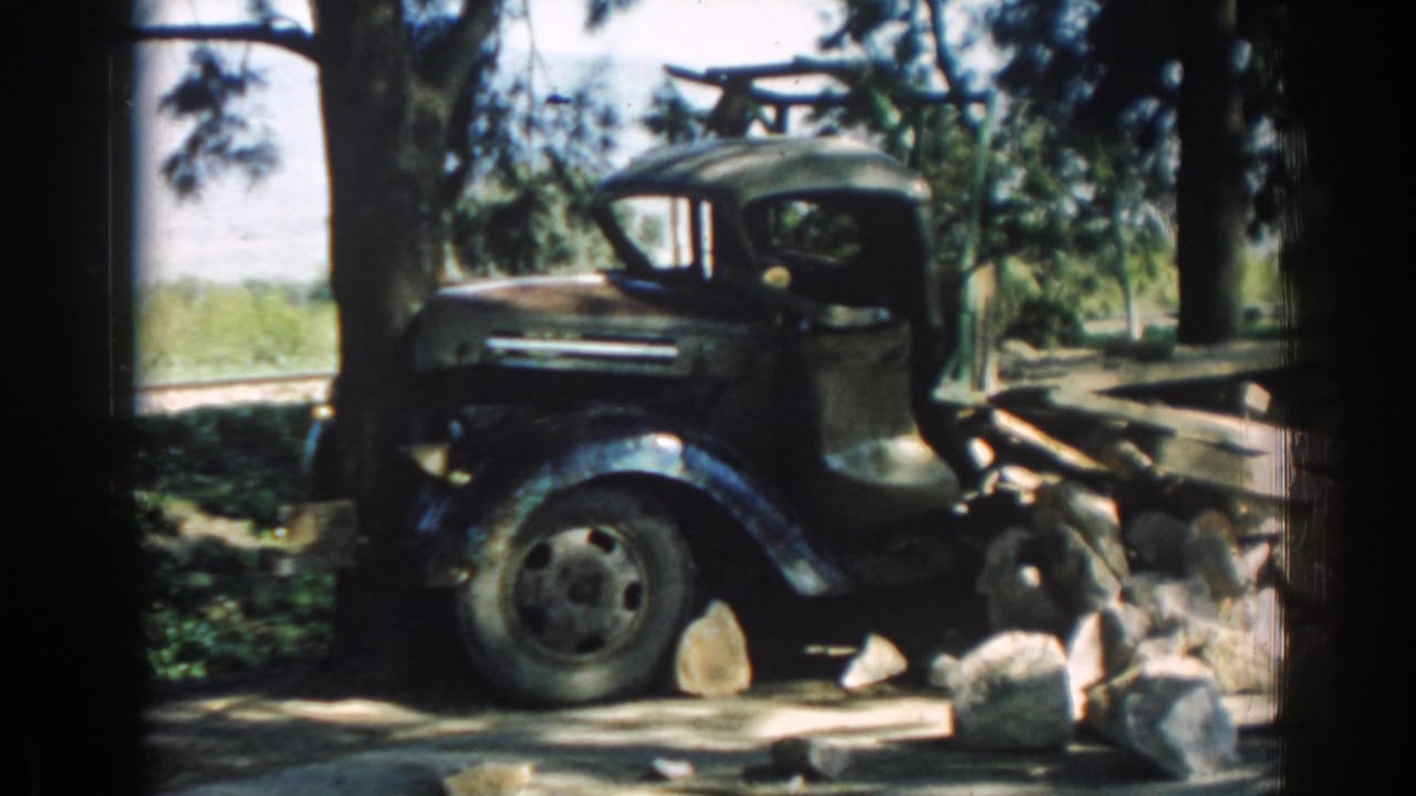 Green cargo truck stopped against trees with stones and wood nearby.