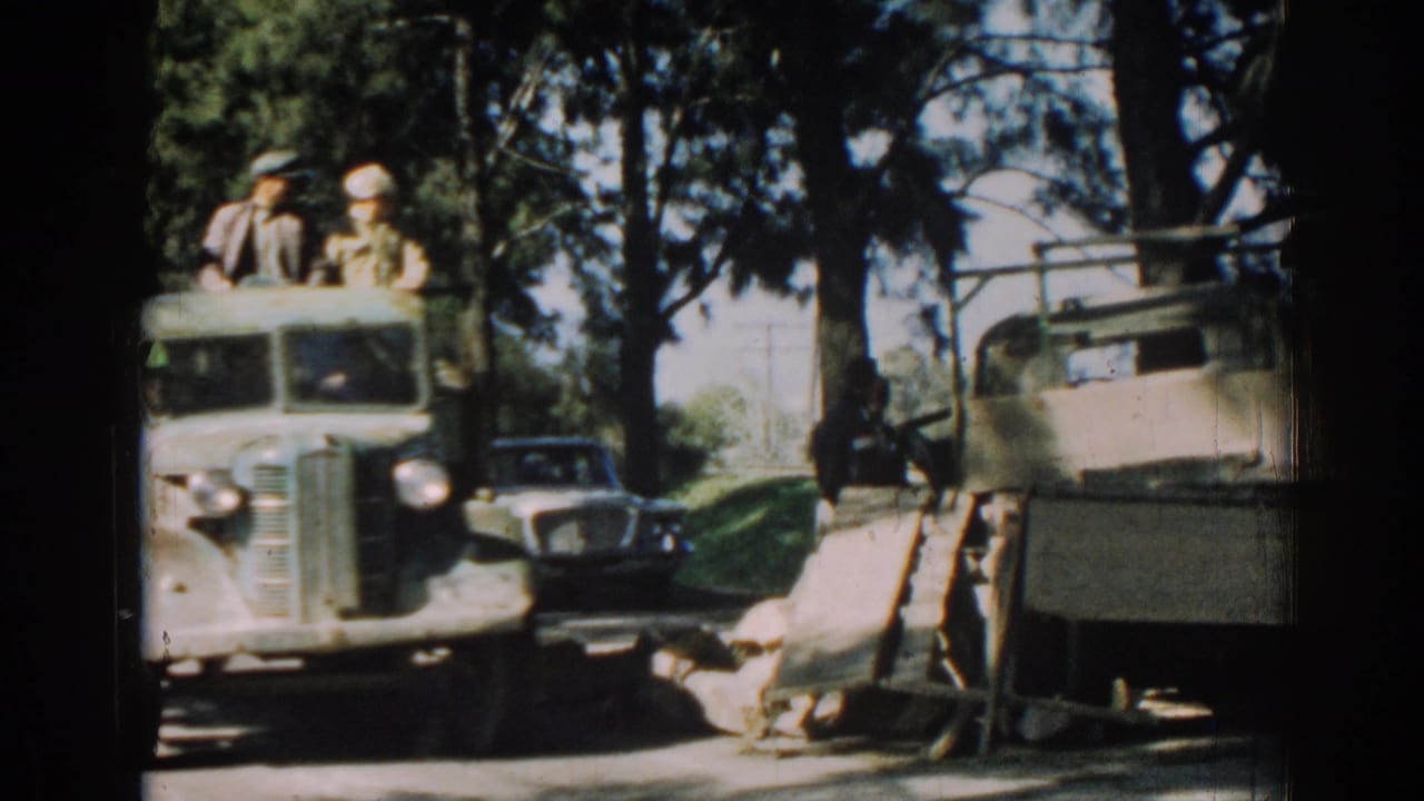 Green truck with people on top or in back beside a white sedan on a tree-lined road.