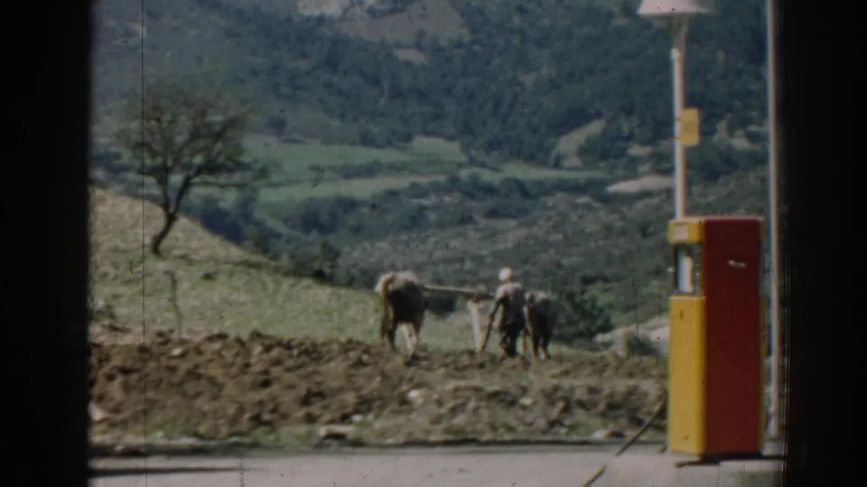 A final 1962 Izmir frame shows the farmer and oxen farther across the field, with the roadside pump at the right edge.