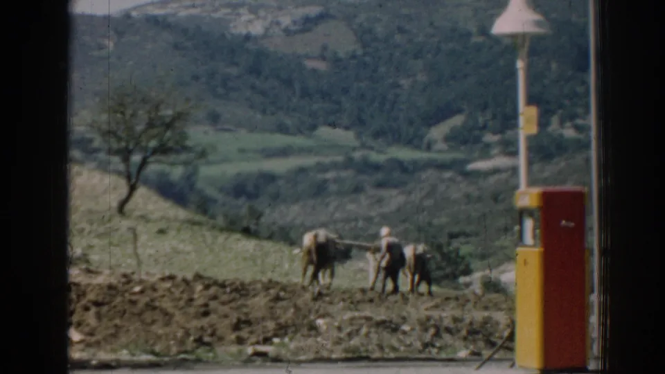 1962 Izmir frame showing a farmer behind two oxen in a rural field, with a red and yellow pump at right.