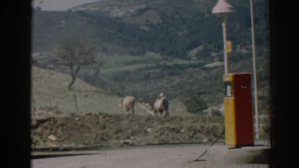 The farmer and oxen continue across the hillside field in Izmir, with the roadside pump and rural valley visible beyond them.