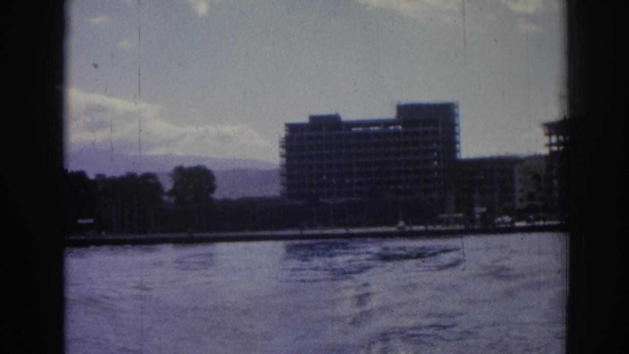 Shoreline high-rise building, trees, and water viewed from a moving boat.