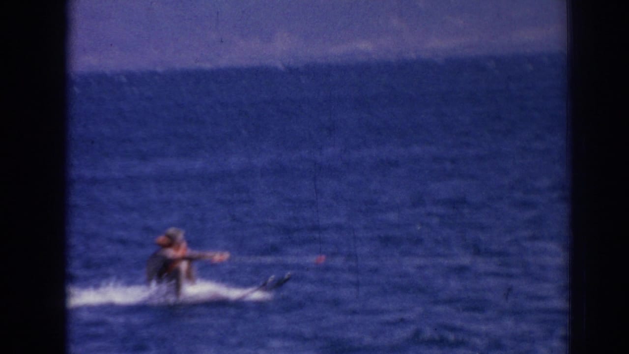 Water skier in an orange life jacket crosses blue water near a distant shore.
