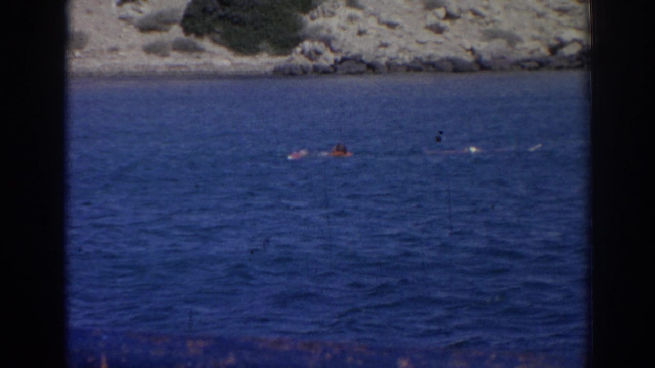Distant swimmers move across blue water with the pale rocky coast visible behind them in 1962 Izmir footage.