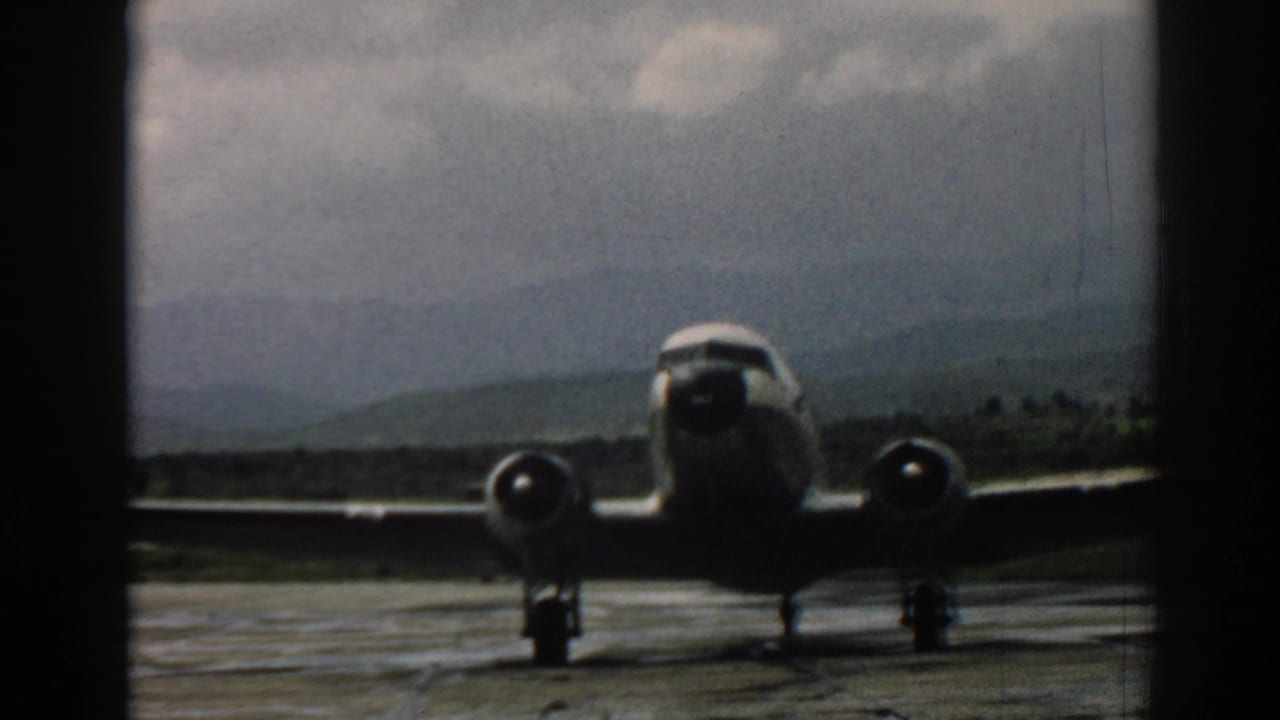 Propeller aircraft on the runway seen through vertical window framing.