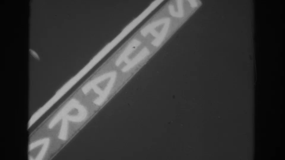 A bright curved section of the Las Vegas sign crosses the frame, its letters blooming against the dark night background.