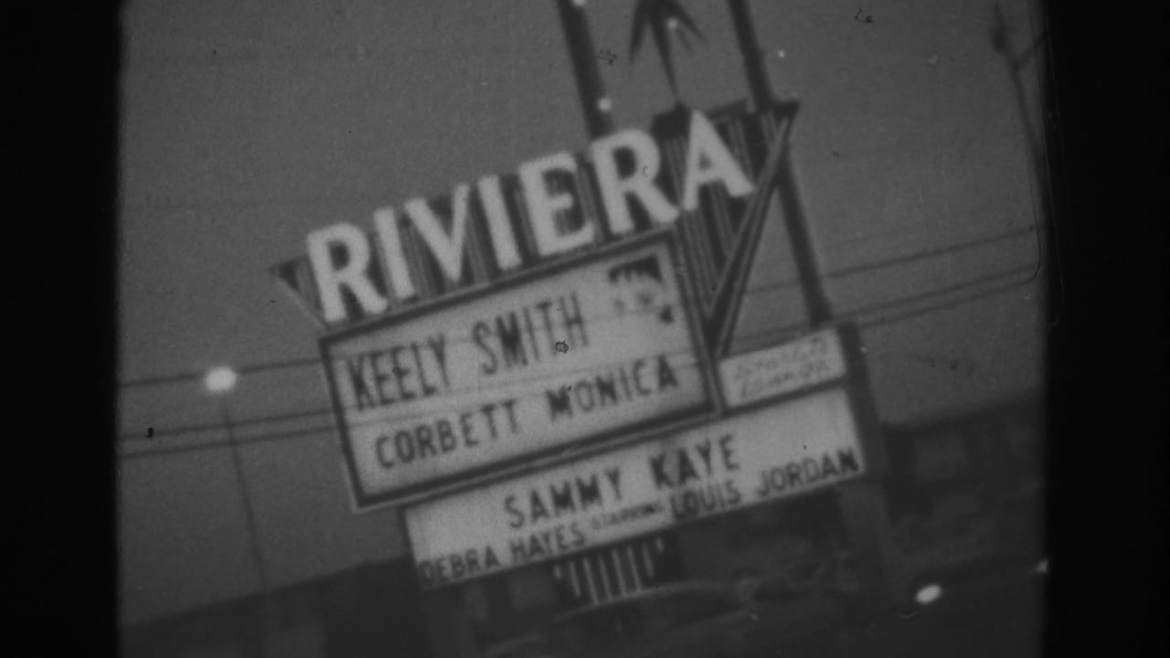 1962 Las Vegas home-movie frame with a closer view of the Riviera marquee listing Keely Smith, Corbett Monica, and Sammy Kaye.
