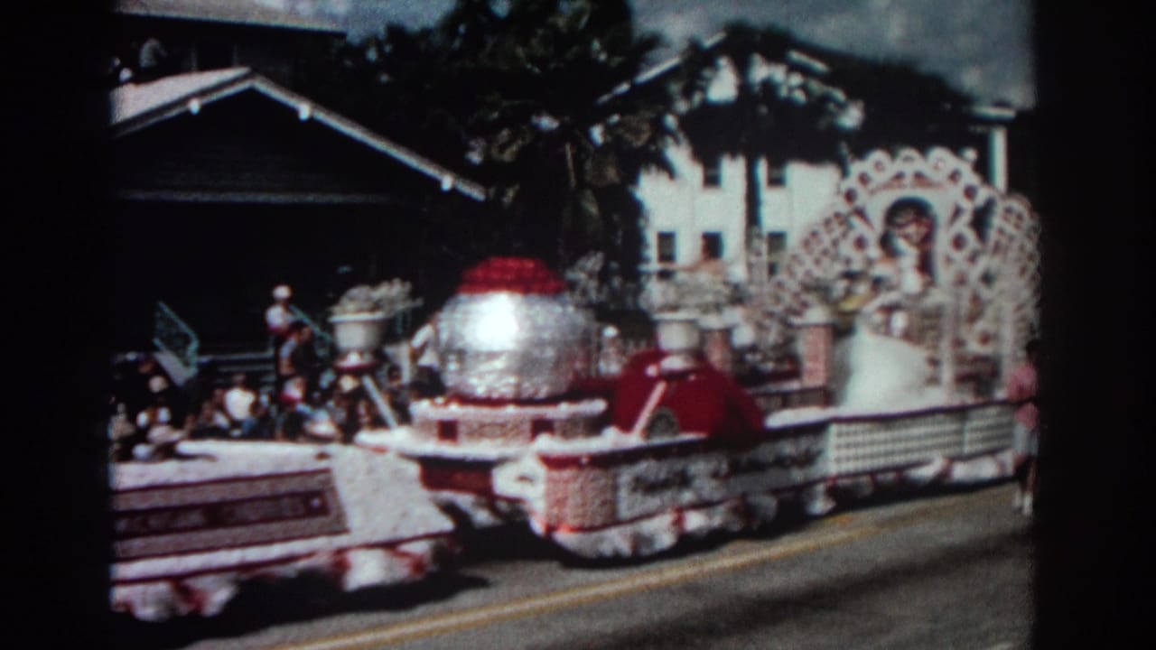 Decorated parade float passes houses with a silver globe and women riding behind floral trim.
