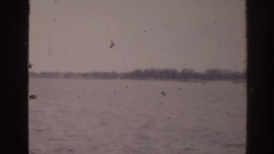 1963 Florida 8mm frame showing open water and a blurred distant shoreline through dark pier or window-like vertical framing.