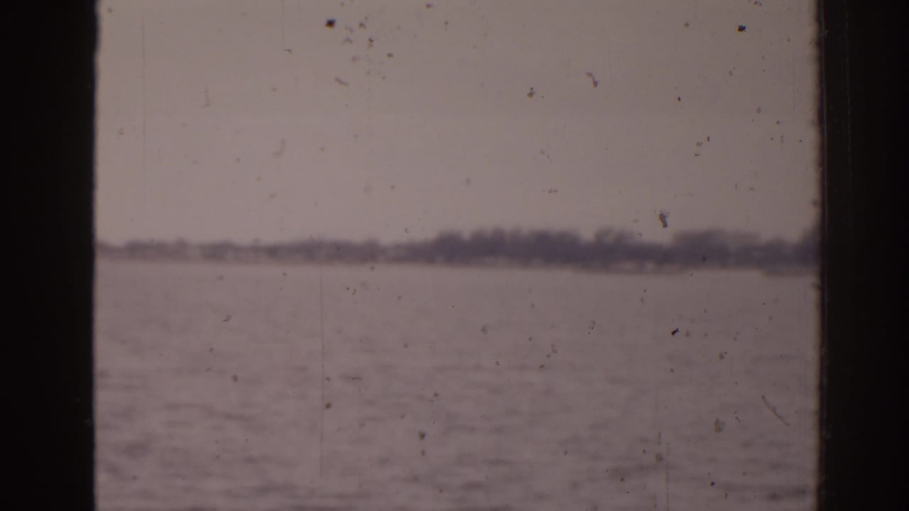 Open water beneath a gray sky with a soft shoreline in the distance.