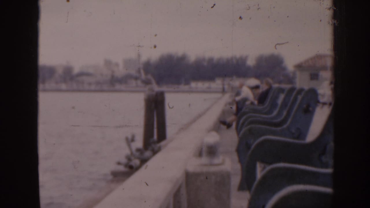 Waterfront benches on a pier with a seated person near the far end.
