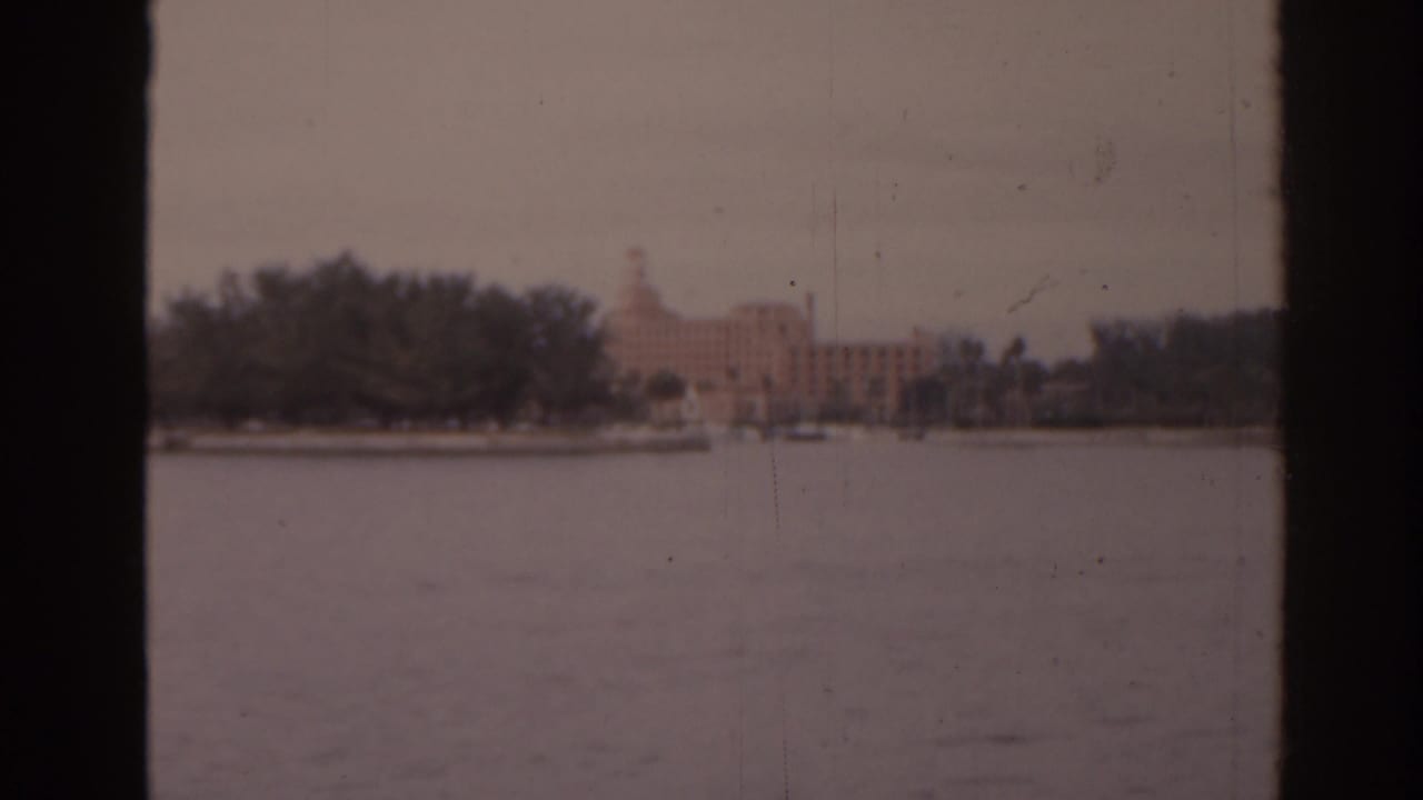 Tree-lined shore and distant towered building seen across calm water.