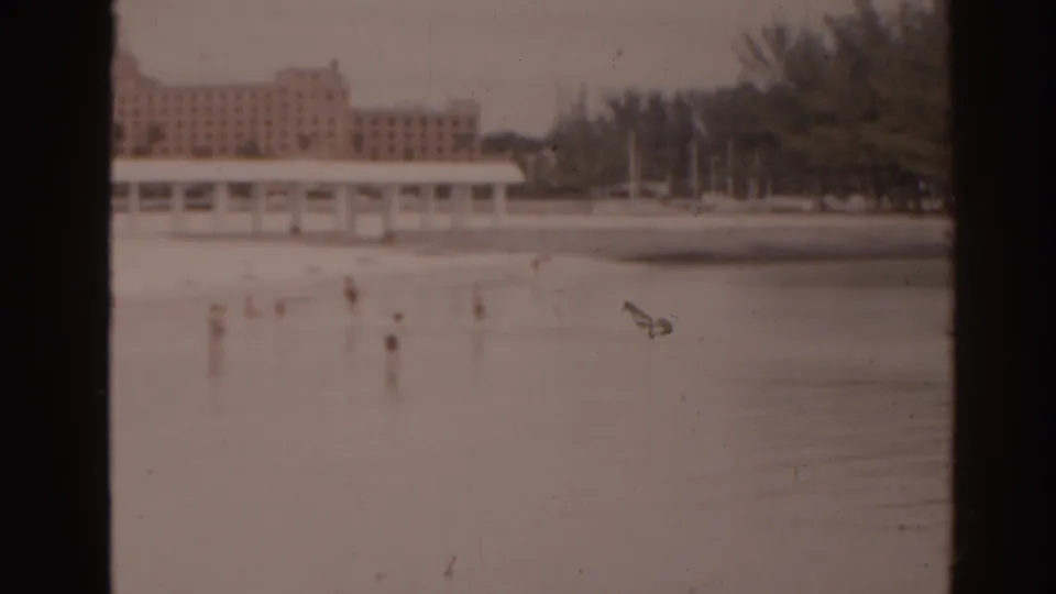 1963 Florida 8mm frame showing small distant figures spread across a pale lake or shore surface, backed by trees and waterside buildings.