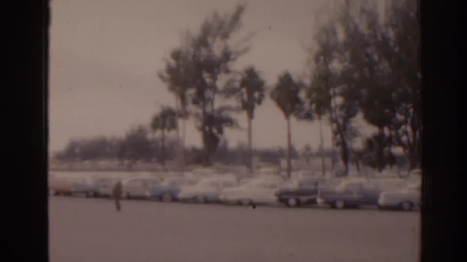 1963 Florida home-movie frame showing a distant person near parked cars, palm trees, and lakeside vegetation.