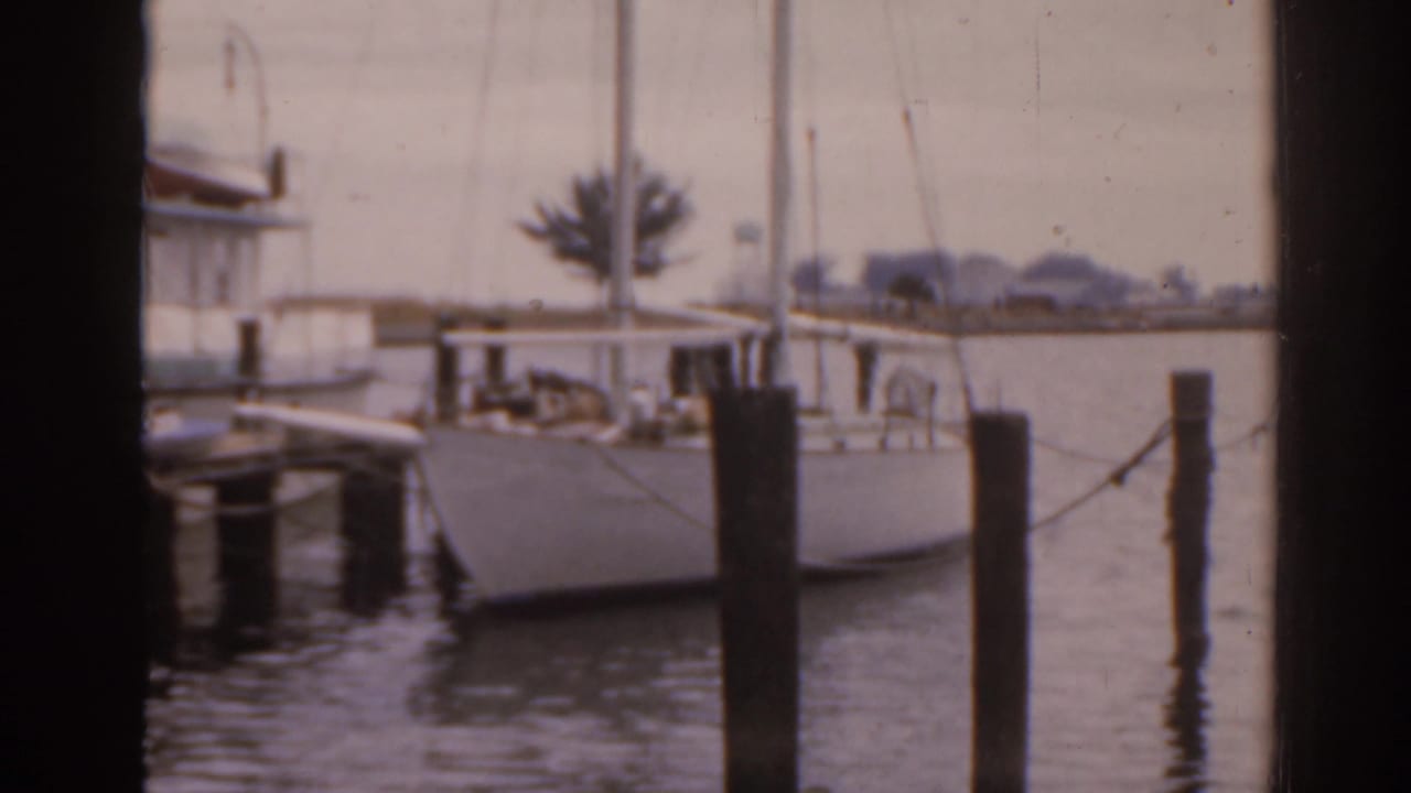 White sailboat moored beside wooden pilings at a marina.