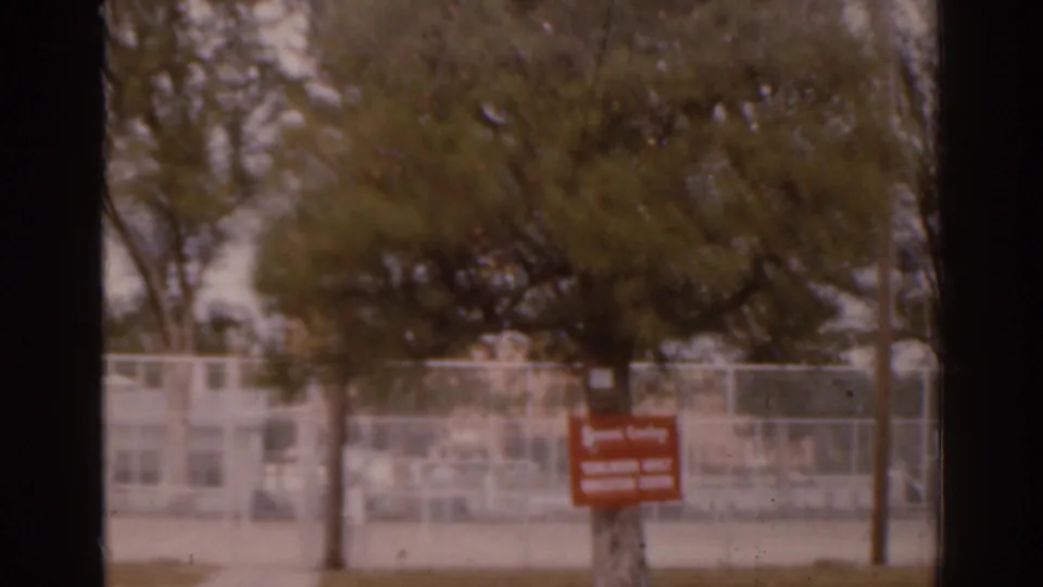 1963 Florida 8mm frame showing trees, a chain-link fence, and a red Tampa Adult Education Center sign across a quiet street.