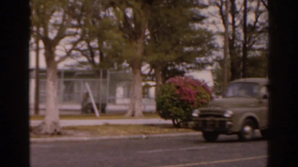 1963 Florida street frame with an older pickup truck at right, roadside trees, flowering shrubs, sidewalk, and chain-link fence.