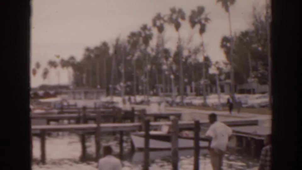 Florida 8mm waterfront view with palm trees, dock railings, benches, and people looking toward the water.