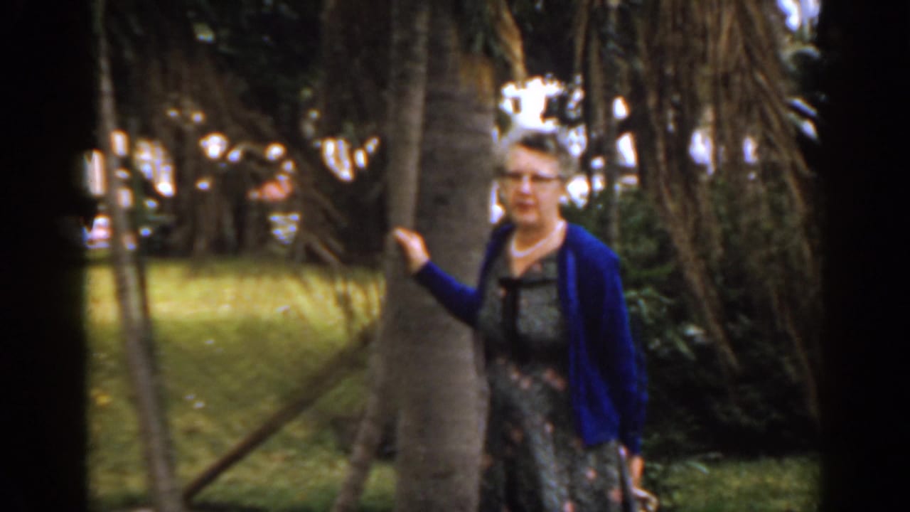 Older woman in a blue cardigan stands beside a palm tree in a shaded garden.