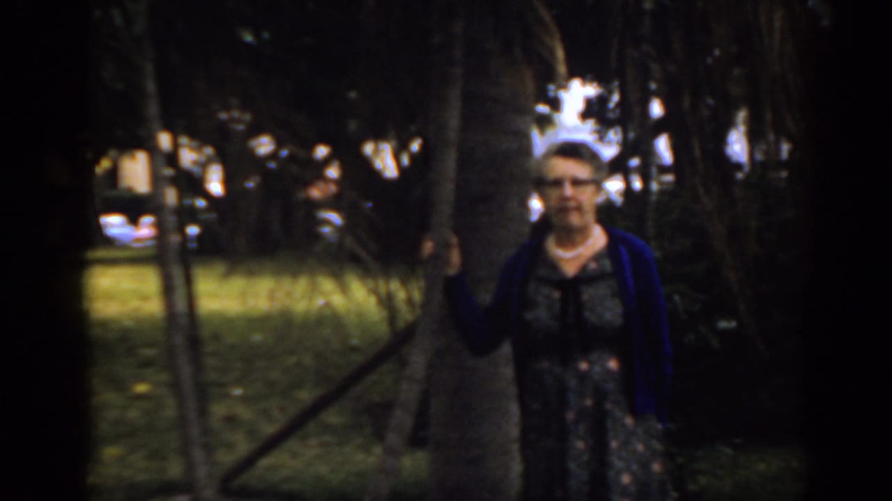 Woman stands near a palm trunk with dark foliage and lawn behind her.
