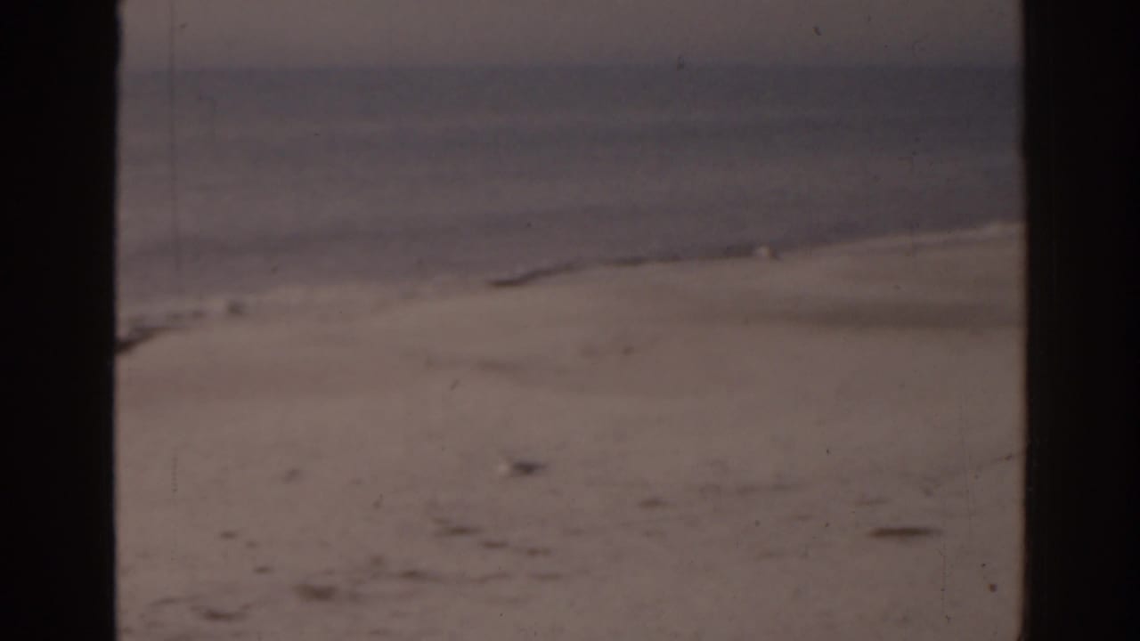 Distant shoreline and ocean waves seen through dark vertical film-frame borders.
