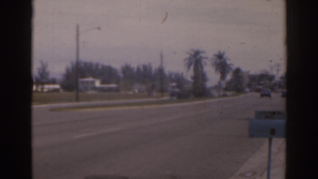 1963 Florida street view with a curving road, palm trees, utility poles, a roadside mailbox or sign box, and sparse vehicle traffic.