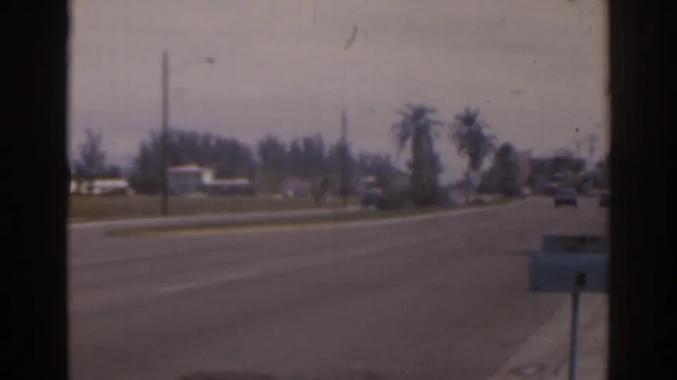 1963 Florida street view with a curving road, palm trees, utility poles, a roadside mailbox or sign box, and sparse vehicle traffic.