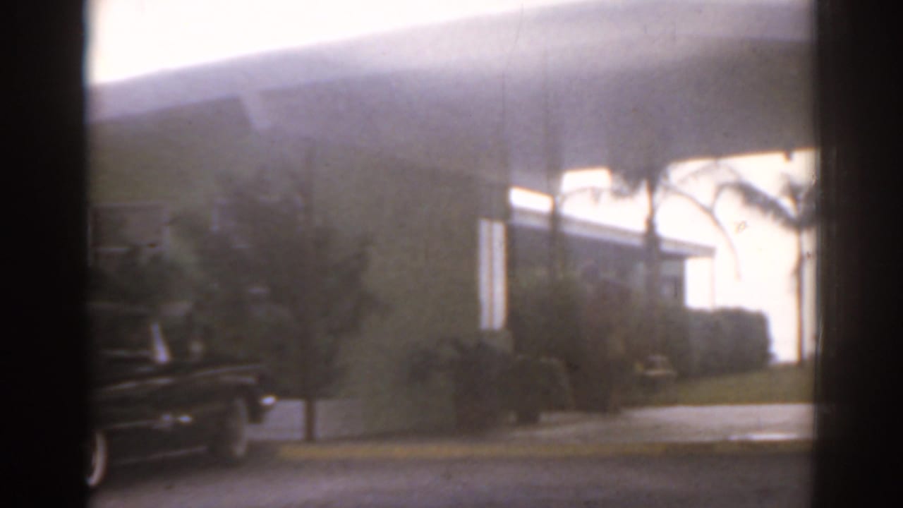 Wet Florida street with a parked classic car, palm trees, and a bright low building.