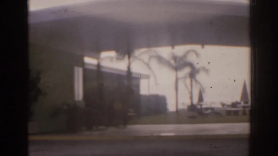 1963 Florida frame showing a rainy roadside, palm trees, parked cars, shrubs, and a bright low building.