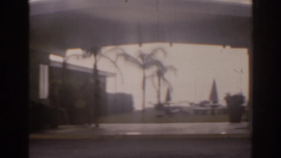 1963 Florida 8mm frame with wet roadway, classic cars, palm trees, shrubs, and a bright roadside building.