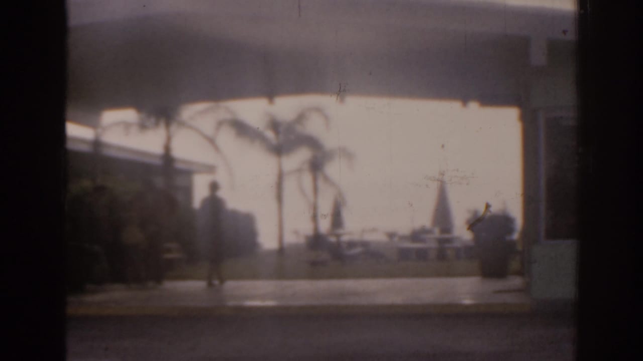 Palm-lined building frontage seen from a shaded interior, with a walking figure and outdoor seating.