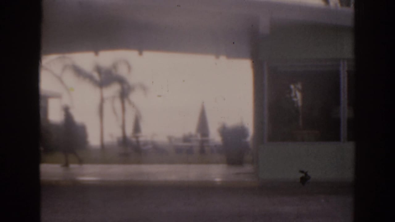 Covered building entrance with palm trees, outdoor seating, a planter, and a distant walking figure.