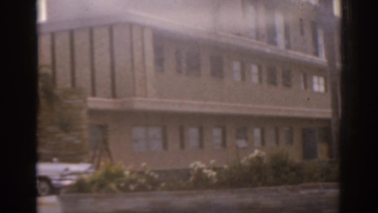Soft view of a mid-century building facade with parked cars and landscaping.