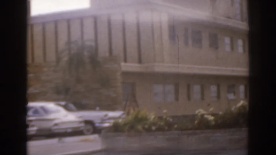 1963 Florida exterior with a white early-1960s sedan, palm planting, and a paneled building facade.