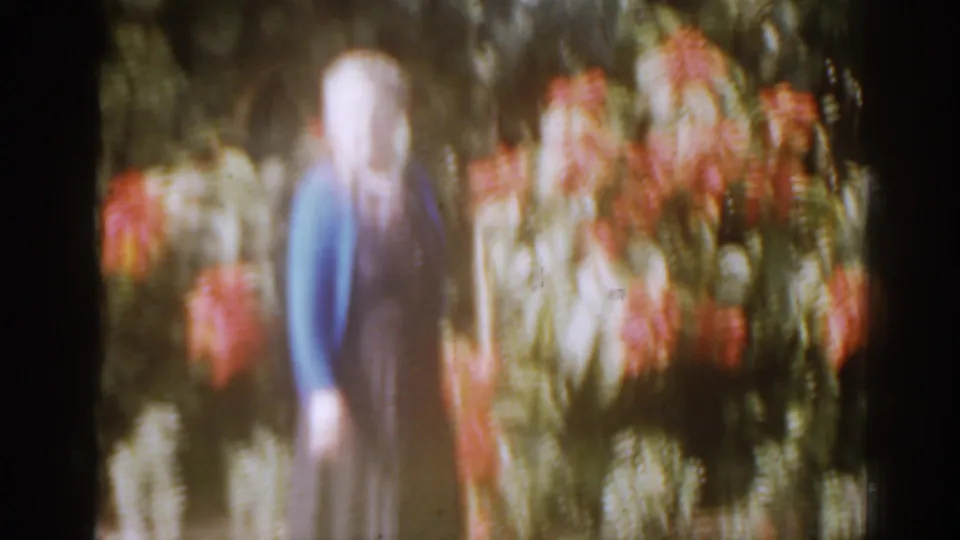 A blurred older woman in a blue cardigan stands among red flowers and greenery in a 1963 Florida home-movie garden scene.